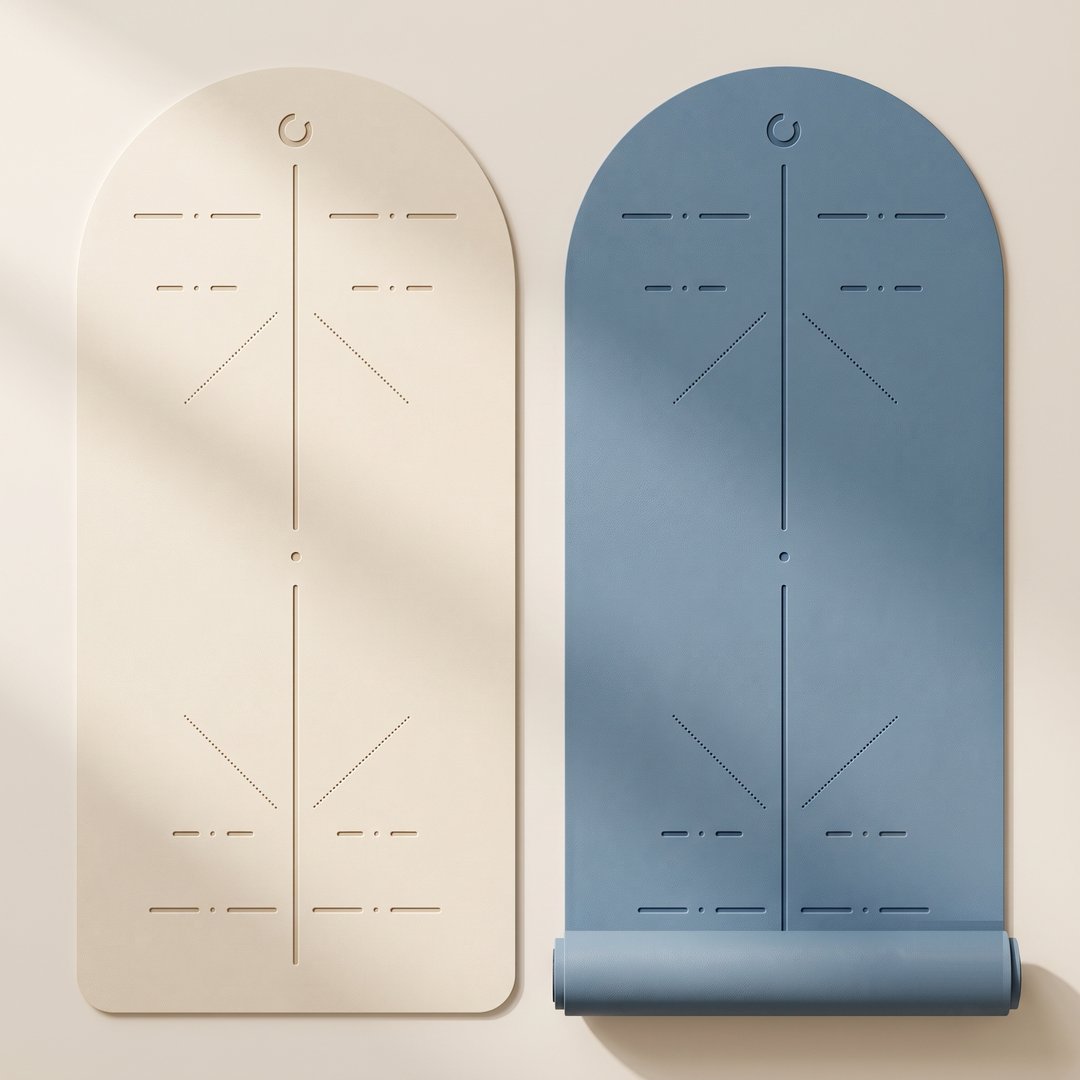 Dos mats OM EXTRA con las guías de alineación grabadas visibles, en crema y azul