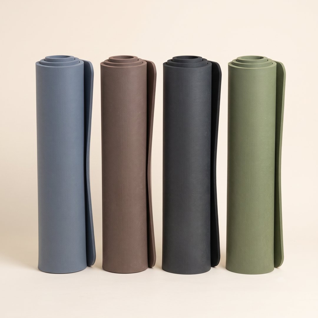 Los cuatro colores del OM Flow enrollados: gris azulado, marrón, negro y verde oliva